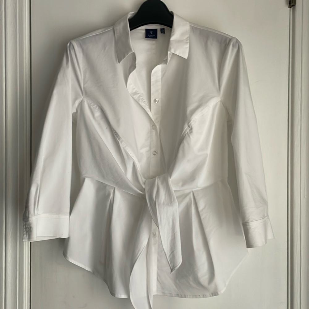 Kaari Blue White Cotton Tie Front Button Down Blouse XS